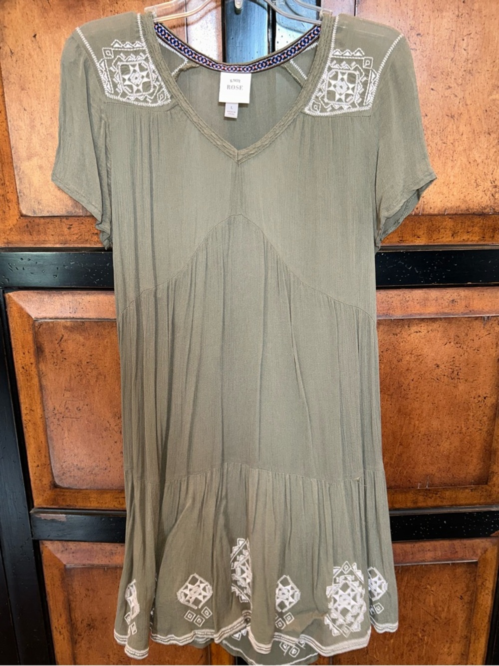 Knox Rose Olive Green Short-Sleeve Embroidered Mini Dress